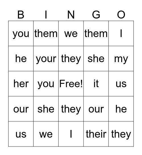 Pronoun Bingo Card