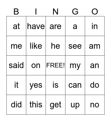 KG Sight Words Bingo Card