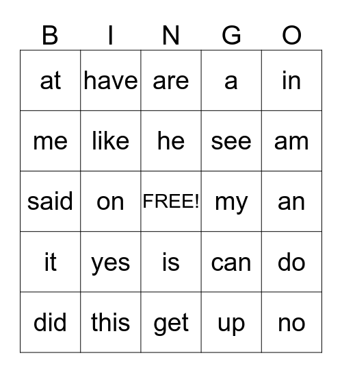 KG Sight Words Bingo Card