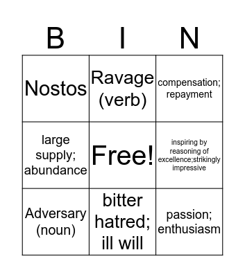 Odyssey Vocabulary Bingo Card