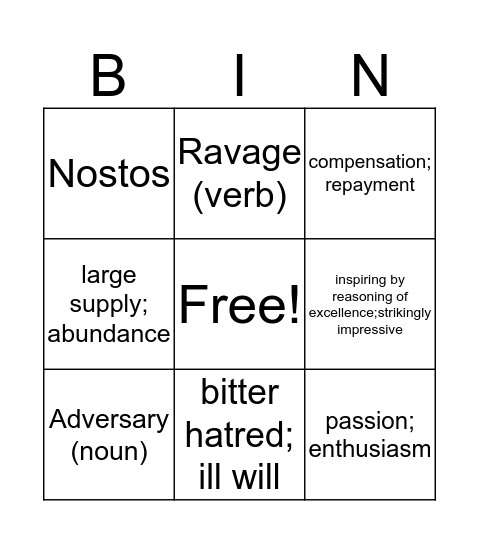 Odyssey Vocabulary Bingo Card