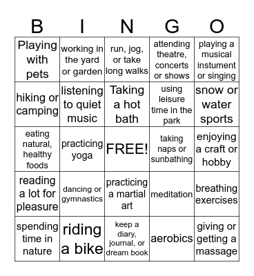 Relaxation Bingo Card