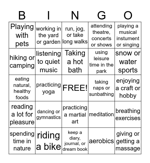 Relaxation Bingo Card