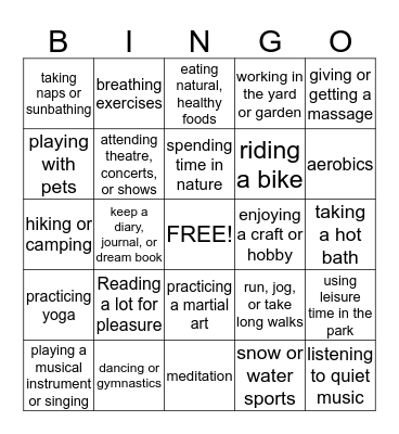 Relaxation Bingo Card