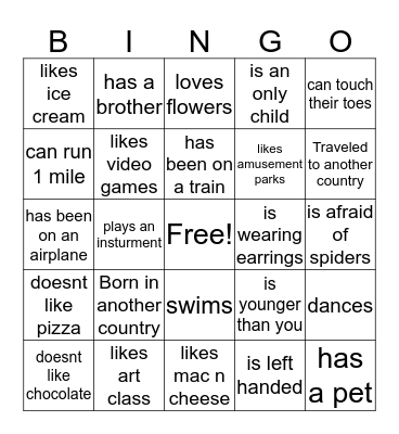 Get to know you Bingo Card
