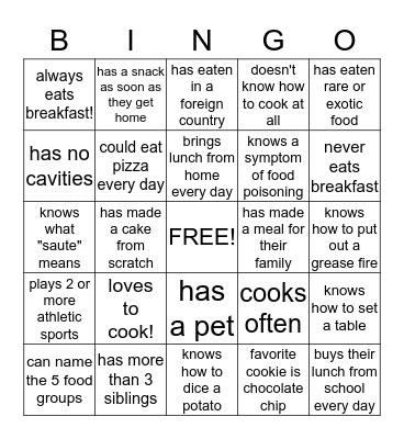 Introduction to Foods Bingo! Bingo Card