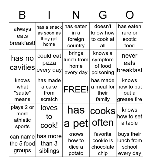 Introduction to Foods Bingo! Bingo Card