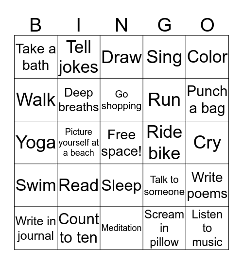 Self Calming Techniques  Bingo Card