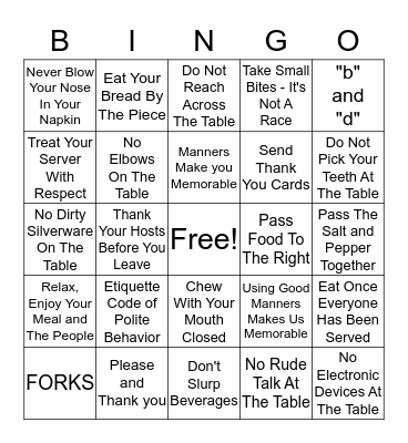 Manners Matter Bingo Card