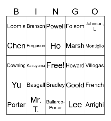 Lunch Bingo Card