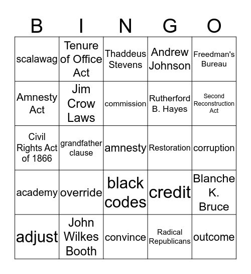 Reconstruction Bingo Card