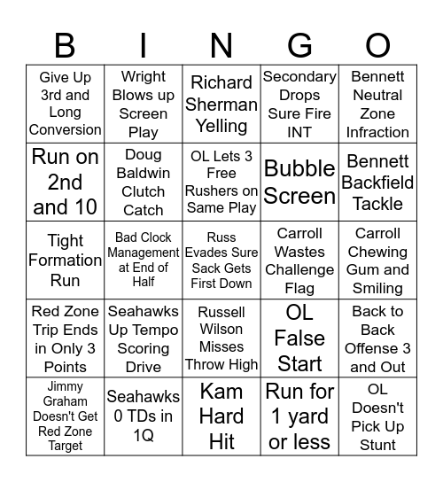 Seahawks Bingo Card