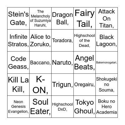 Anime Bingo Card