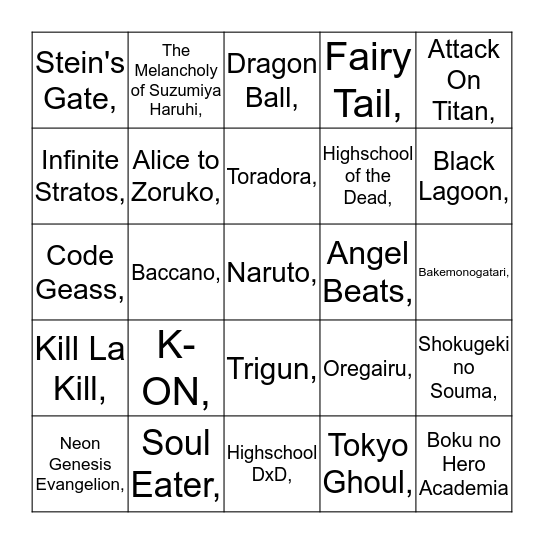 Anime Bingo Card