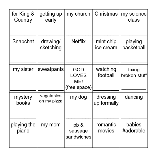 Here's some stuff I love... Bingo Card