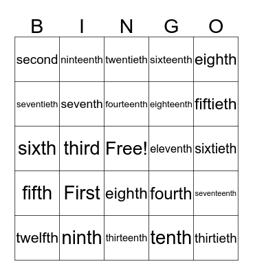 Ordinal Numbers Bingo Card