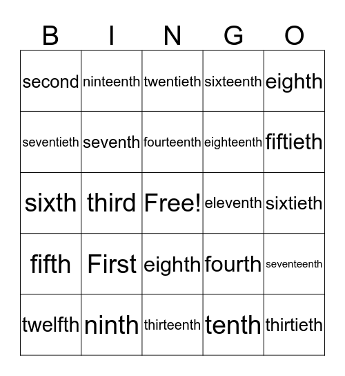 Ordinal Numbers Bingo Card