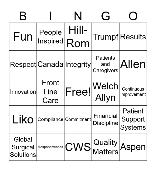 ONE HILL-ROM BINGO Card