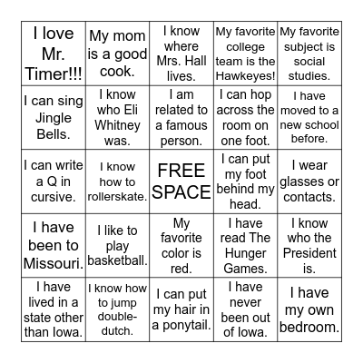 Middle School Bingo Card