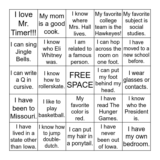 Middle School Bingo Card