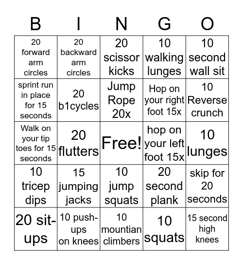 Fitness Bingo Card