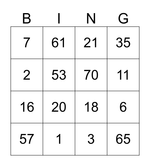 NUMBER Bingo Card