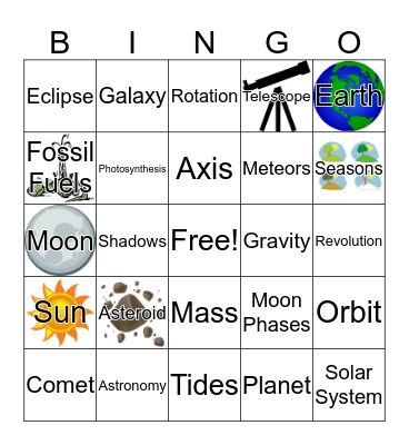 4th Grade Astronomy Bingo Card