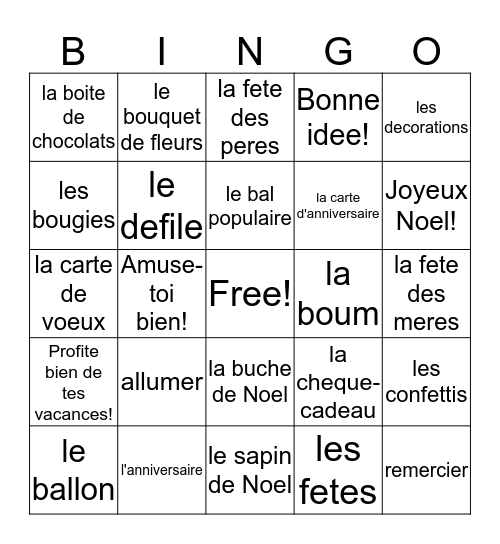French II - Les Fetes! Bingo Card