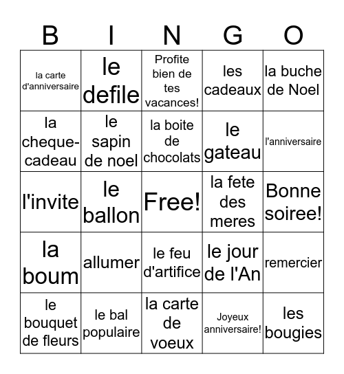 Francais II - Les fetes!! Bingo Card