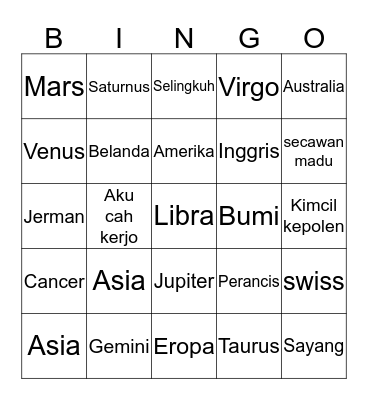 Levi Bingo Card