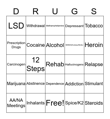 Drug Education-Vocabulary Bingo Card