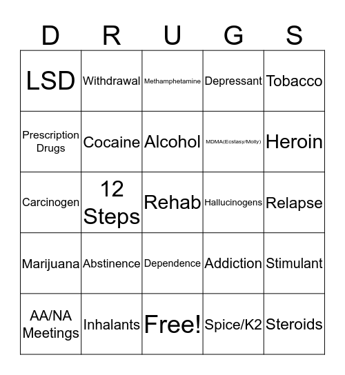 Drug Education-Vocabulary Bingo Card