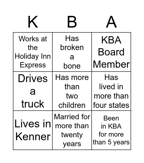 KBA Bingo Card