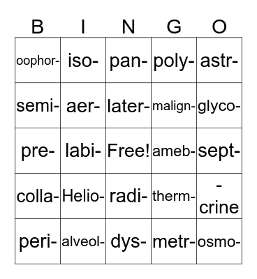 Medical Terminology 7-10 Bingo Card