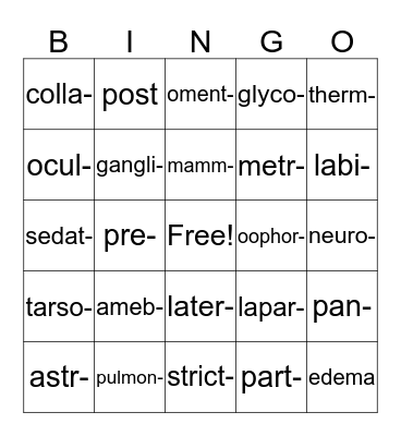 Medical Terminology Lesson 7-10 Bingo Card