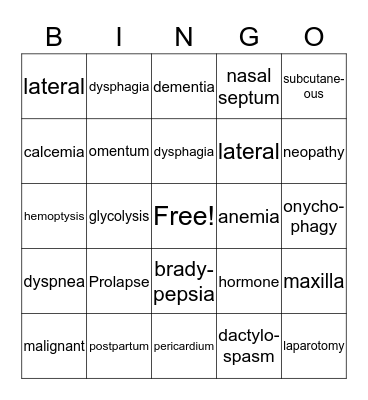 Medical Terminology Lesson 7-10 Bingo Card