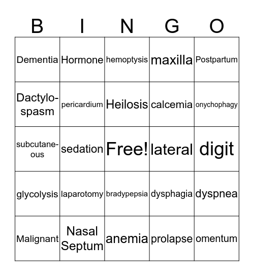 Medical Terminology Lesson 7-10 Bingo Card