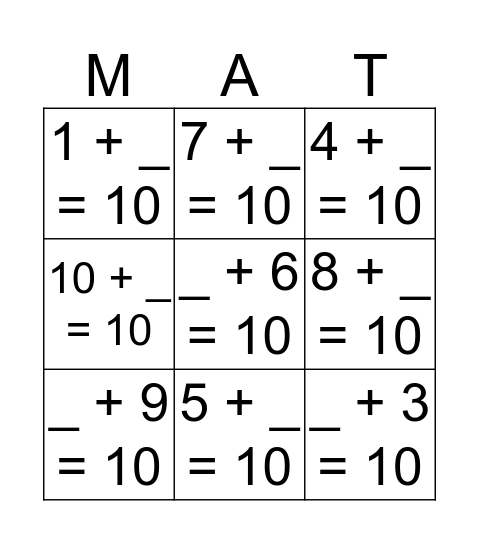 Make Ten Bingo Card