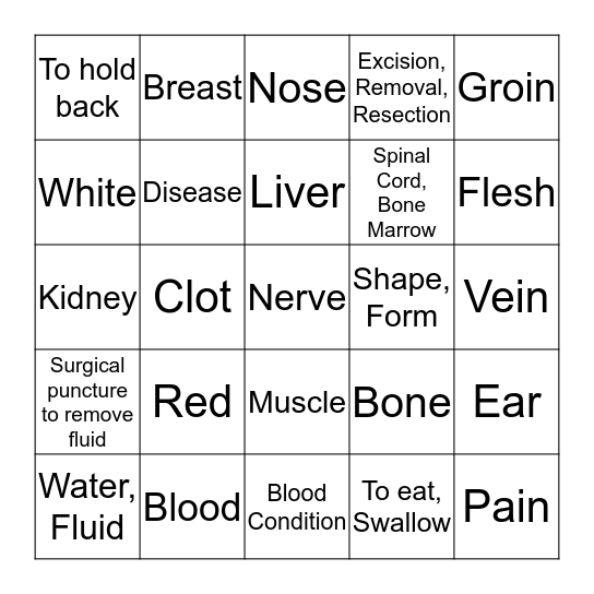 Med Term Bingo  Bingo Card