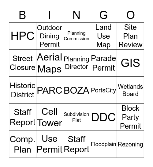 Planning Department BINGO Card