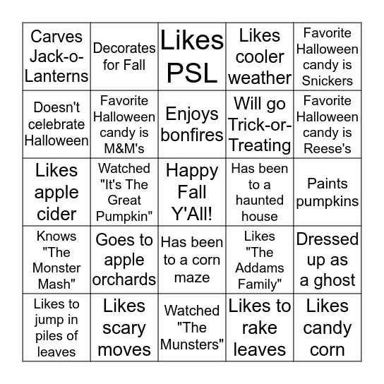 Happy Fall Y'All Bingo Card