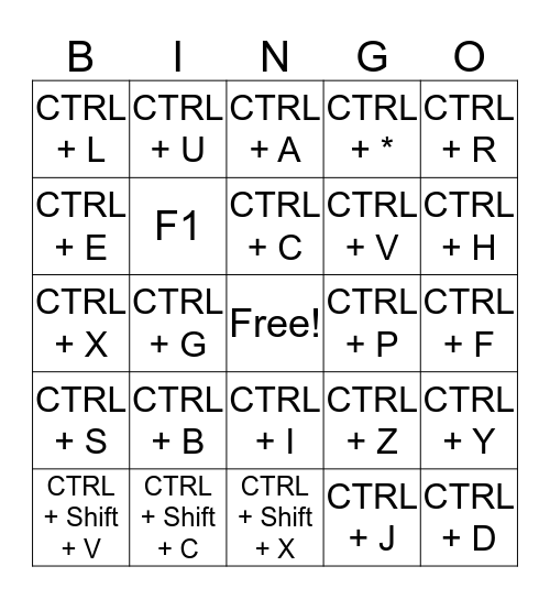 MS Word Shortcut Bingo Card