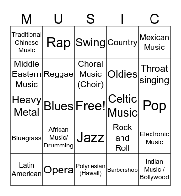 MUSIC GENRE BINGO Card