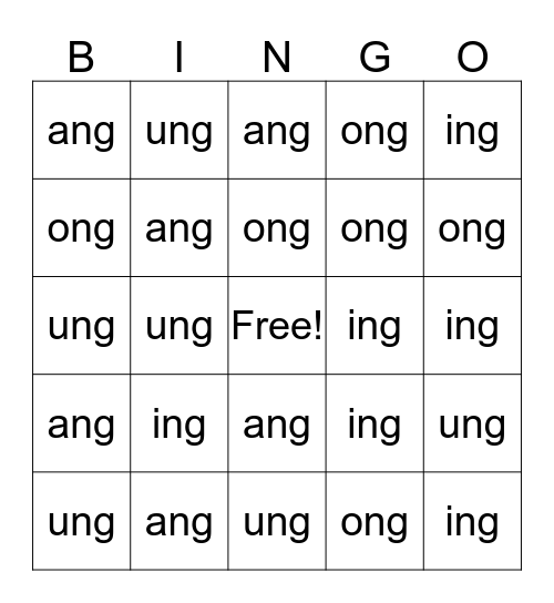 Family Words -ing, -ang, -ong, -ung Bingo Card