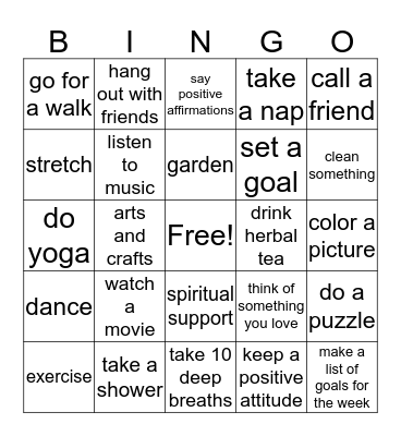 Coping Skills Bingo Card