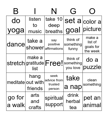 Coping Skills Bingo Card