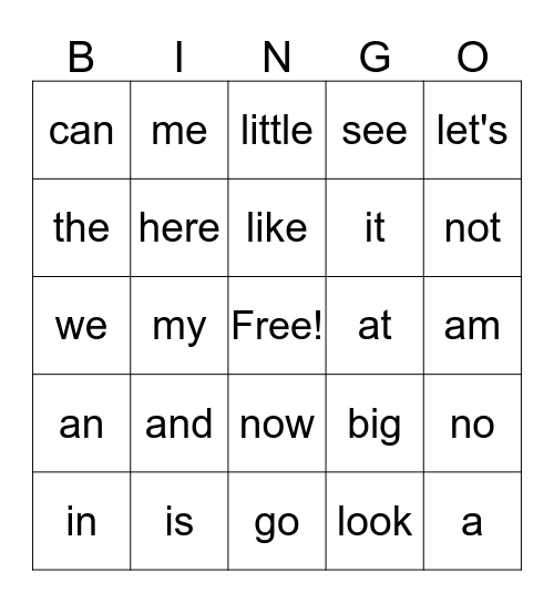 Word Wall Words Bingo Card
