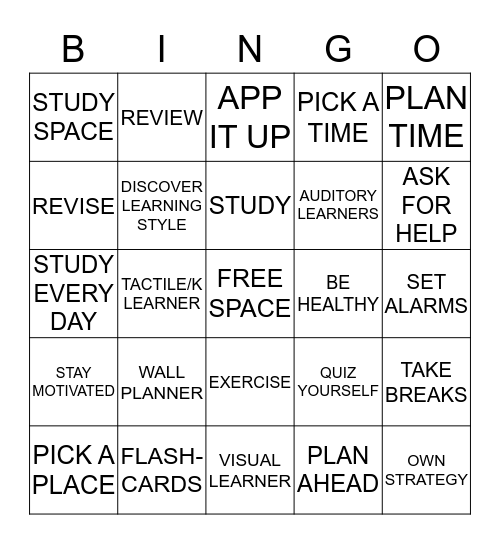 STUDY TIP BINGO Card