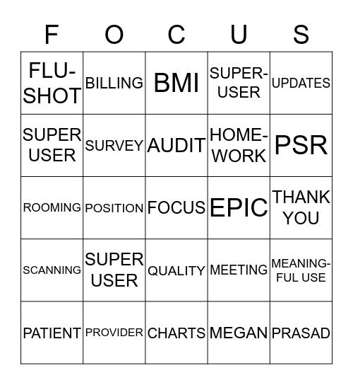 UnityPoint Clinic Bingo Card