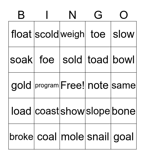 Long O 3rd Grade Bingo Card